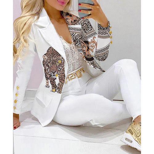 Fashion White Leopard Polyester Print Lapel Breasted Blazer Trouser Set