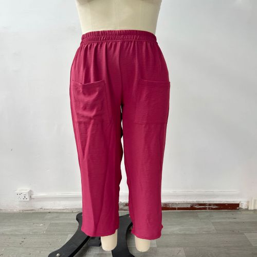 Fashion Deep Red Ice Silk Solid Color Elastic Trousers