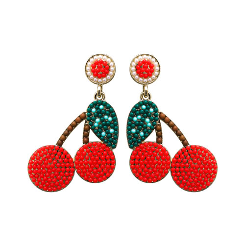 Fashion Red Alloy Diamond And Rice Bead Cherry Earrings