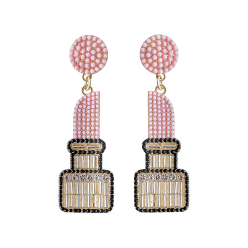 Fashion Pink Alloy Diamond-encrusted Lipstick And Rice Bead Earrings