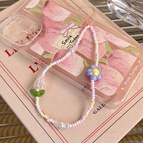 Fashion Color Beaded Flower Phone Chain With Rice Beads