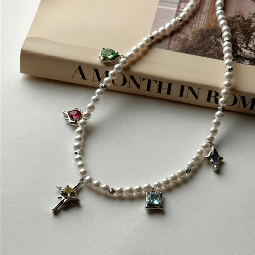 Fashion Silver Pearl Beaded Colorful Zirconium Necklace