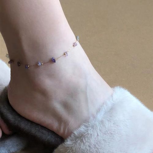 Fashion Gold Amethyst Beads Amethyst Geometric Anklet In Titanium And Steel