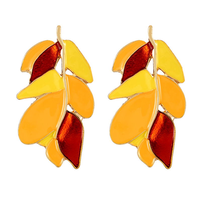 Fashion Orange Alloy Drip Color Matching Leaf Stud Earrings
