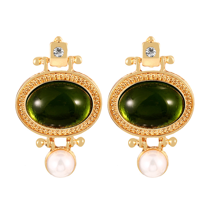 Fashion Green Alloy Diamond Geometric Pearl Stud Earrings
