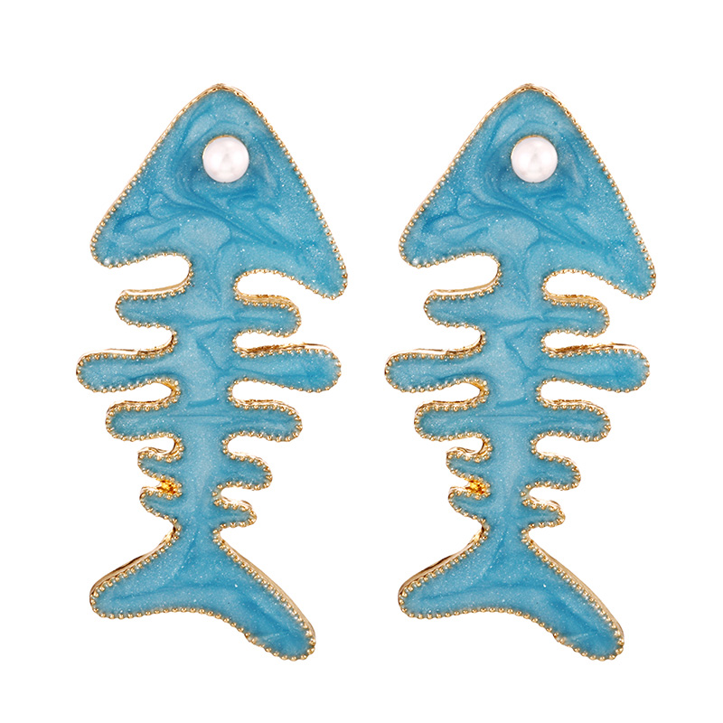Fashion Blue Alloy Drip Oil Fishbone Pearl Stud Earrings