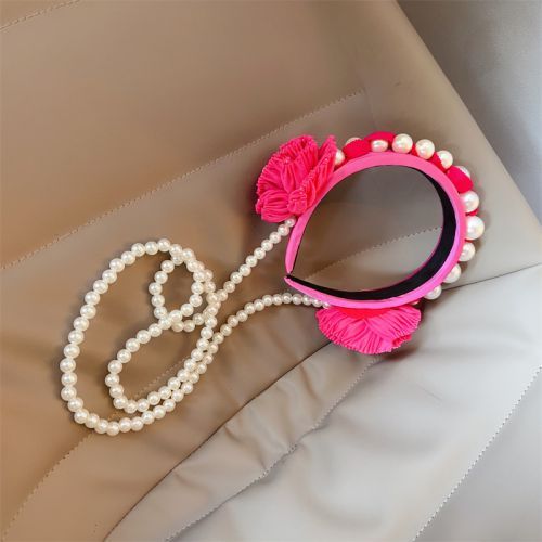 Fashion Rose Red Long Pearl Beaded Three-dimensional Flower Wide-brimmed Headband