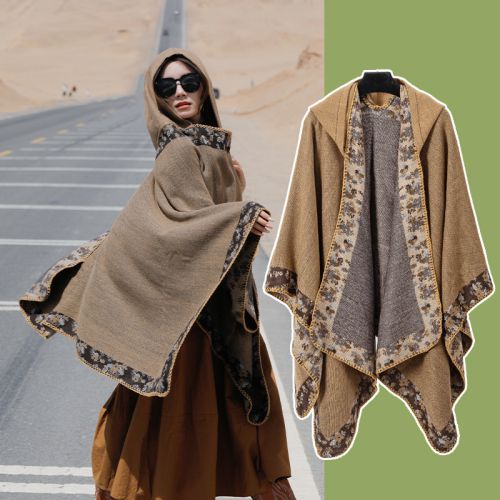 Fashion Small Floral Camel Border Cotton Floral Fringed Shawl