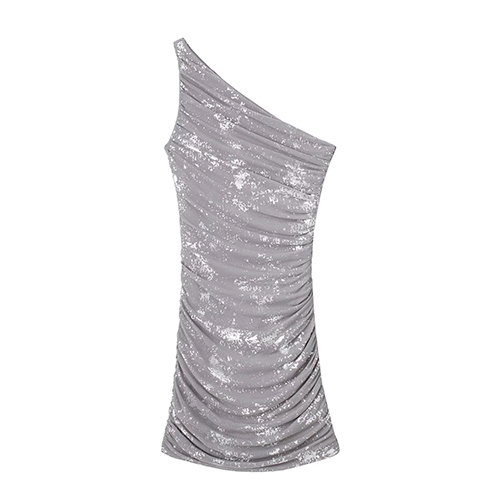 Fashion Printing Mesh-print One-shoulder Pleated Dress