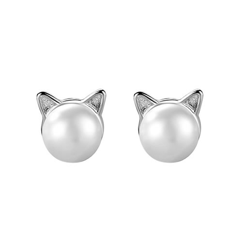 Fashion Cat Pearl Stud Earrings (with Earplugs) Copper Pearl Cat Stud Earrings