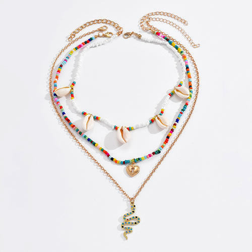 Fashion Color Colorful Rice Bead Beaded Heart Snake Shell Layered Necklace