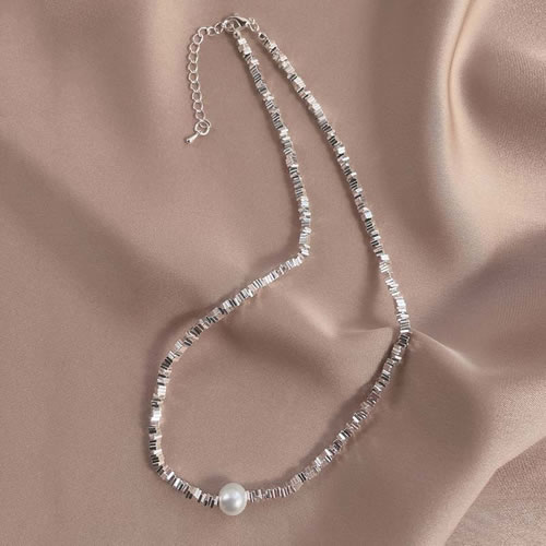 Fashion 3# Geometric Sliver Beaded Pearl Necklace