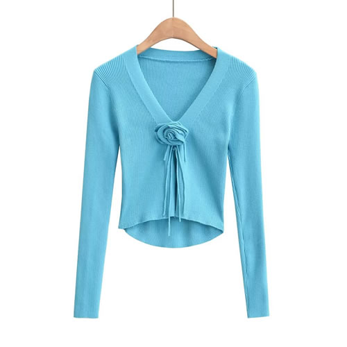 Fashion Blue V Neck Rose Knit Long Sleeve Cardigan