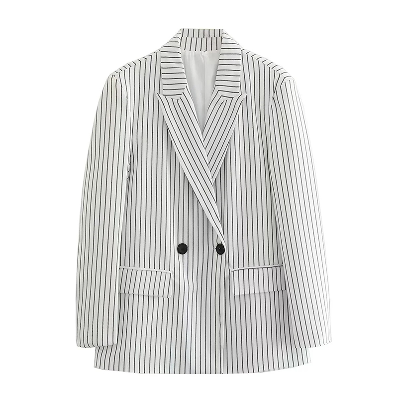 Fashion White Polyester Striped Pocket Blazer