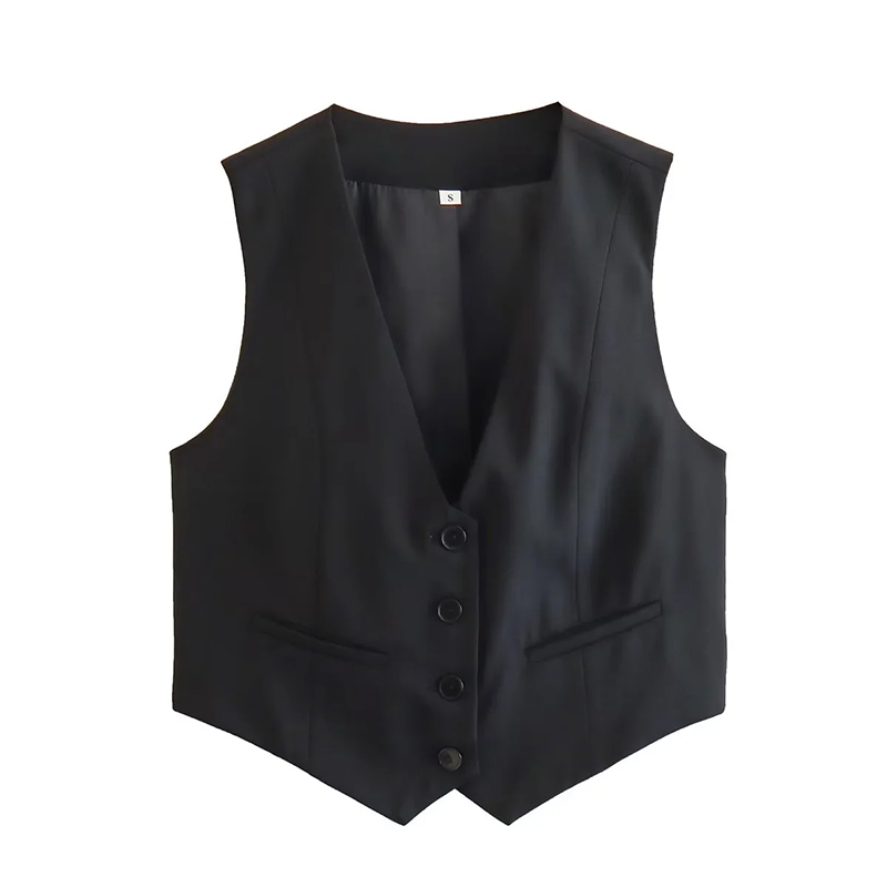Fashion Black Polyester V-neck Button-up Vest