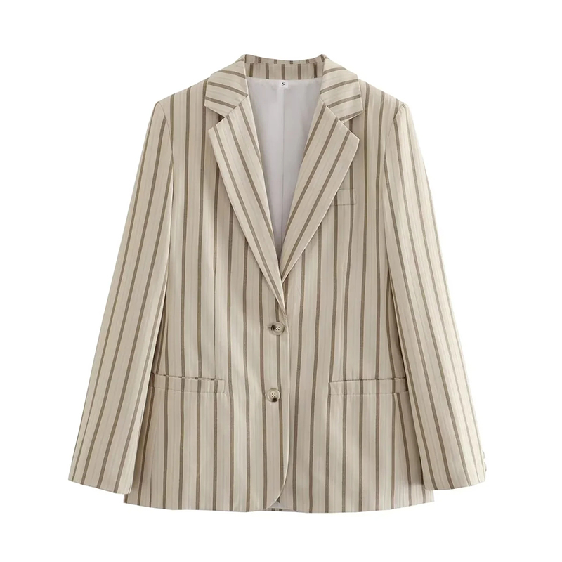 Fashion Khaki Polyester Striped Pocket Blazer