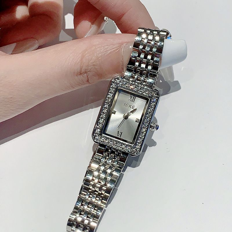 Fashion Silver Stainless Steel Diamond Steel Band Square Watch (with Battery)