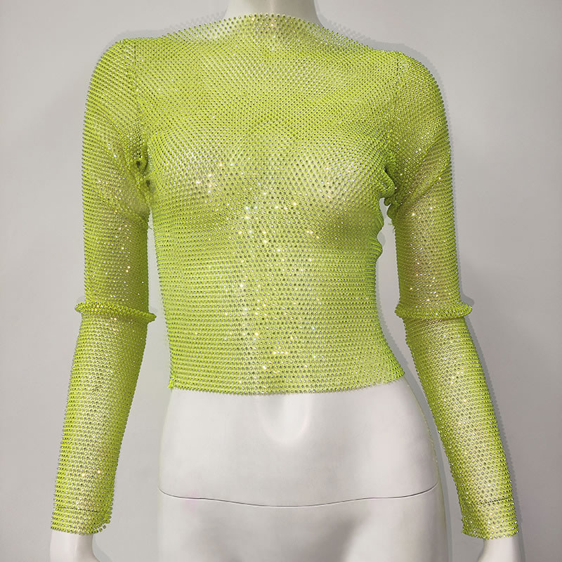 Fashion Fluorescent Green Top Mesh Crystal Fishnet Long Sleeve Top