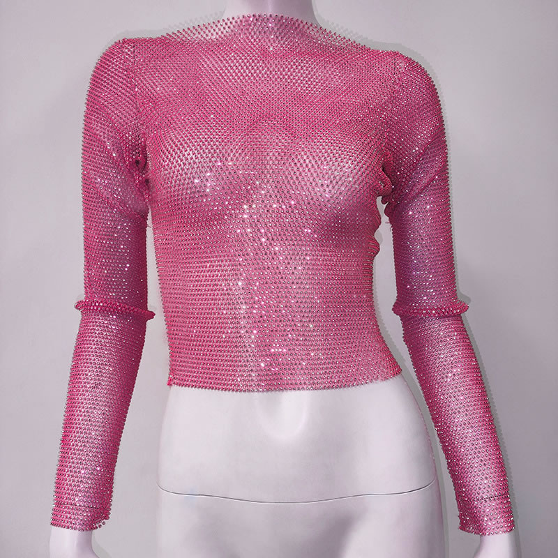 Fashion Rose Red Top Mesh Crystal Fishnet Long Sleeve Top