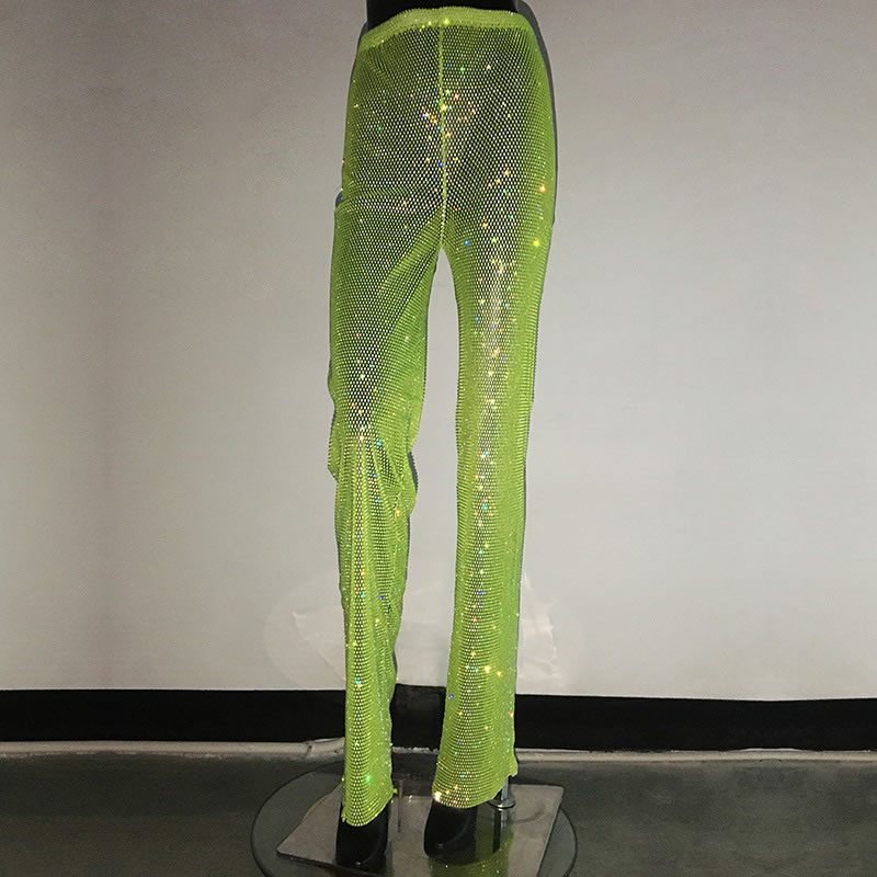 Fashion Fluorescent Green Pants Mesh Crystal Fishnet Trousers