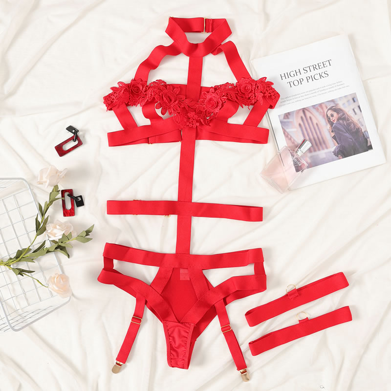 Fashion Red Three-dimensional Water-soluble Flower Hollow Jumpsuit