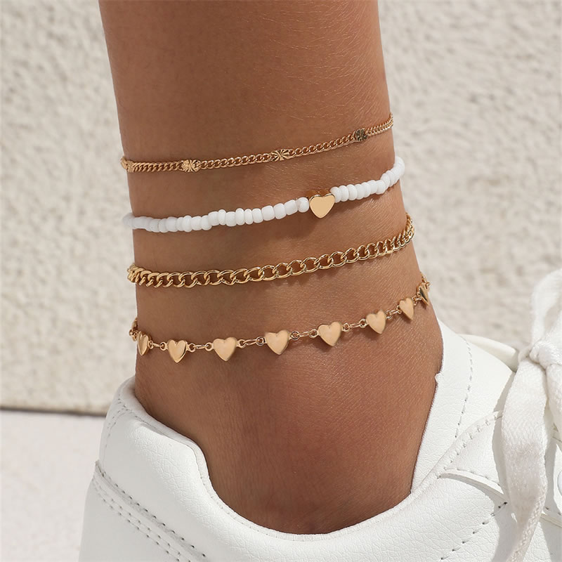 Fashion Gold Rice Beads Beaded Heart Anklet Set
