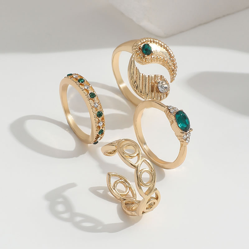 Fashion Gold Alloy Diamond Imitation Emerald Geometric Eye Tai Chi Ring Set