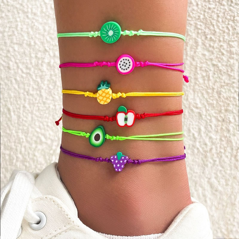 Fashion Color String Braided Polymer Clay Watermelon Pineapple Grape Fruit Anklet Set
