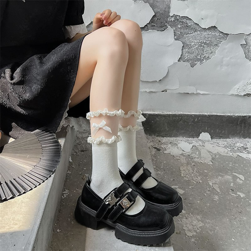 Fashion Off White Lace Trim Panel Socks