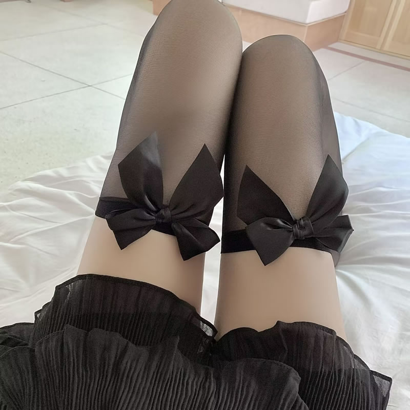 Fashion Thin Long Tube Black + Black Butterfly Cotton Sheer Socks