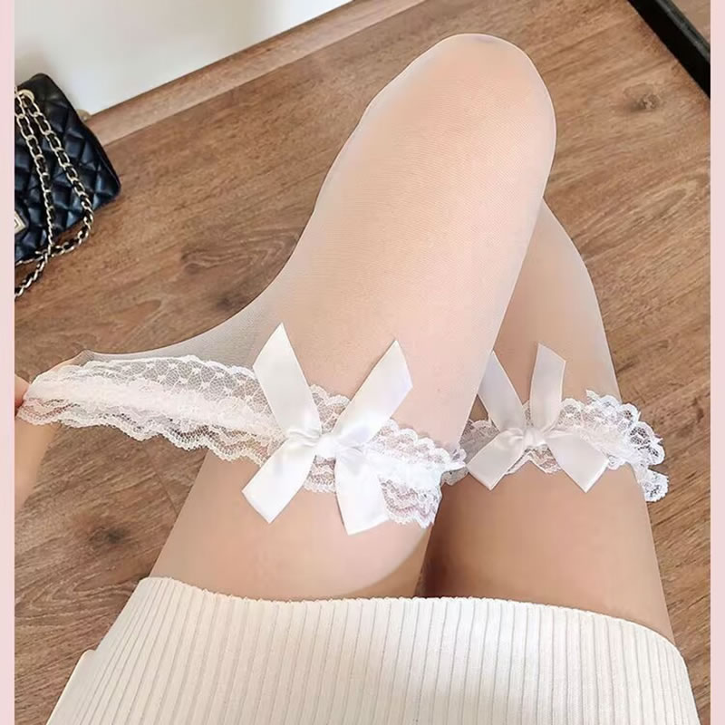 Fashion Thin Lace Bow Long Tube White Cotton Lace Sheer Socks