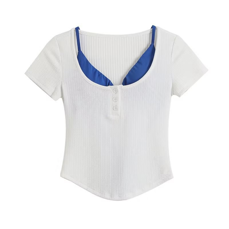 Fashion White Against Blue Polyester Contrasting Color Two-piece Short Sleeve Set (with Chest Pad)