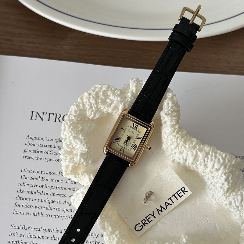 Fashion Black Belt Gold Frame Gold Face Pu Square Dial Watch (with Battery)
