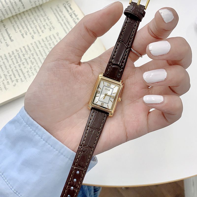 Fashion Coffee With Gold Frame White Noodles Pu Rectangular Dial Watch (with Battery)