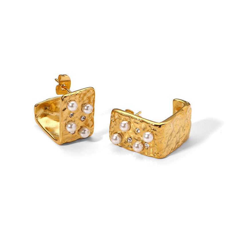 Fashion Gold Titanium Steel Pearl Square Stud Earrings