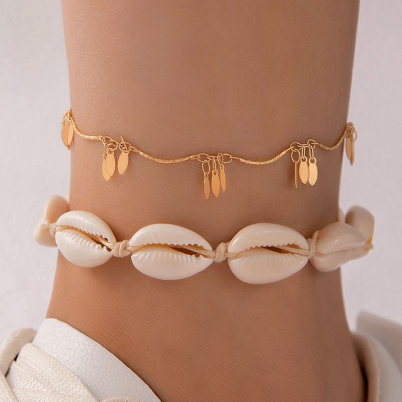 Fashion Gold Alloy Water Drop Tassel Shell Braided Rope Double Layer Anklet
