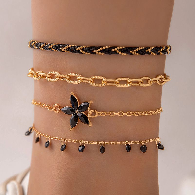 Fashion Gold Alloy Diamond-studded Floral Cord Braided Anklet Set