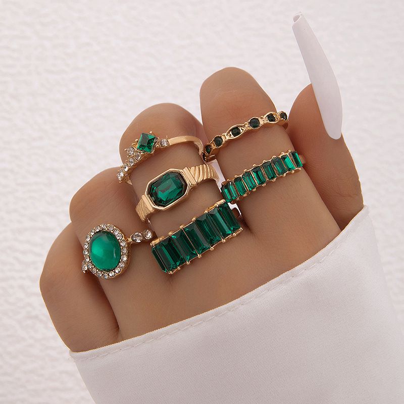 Fashion Green Alloy Diamond Geometric Ring Set