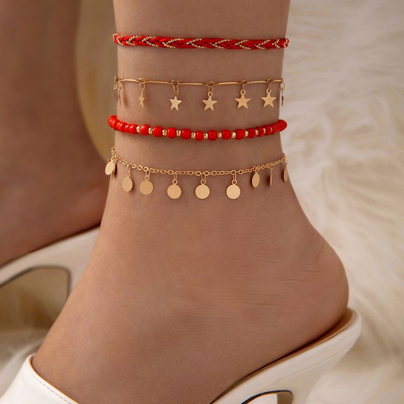 Fashion Red Alloy Geometric Beaded Pentagram Round Anklet Set