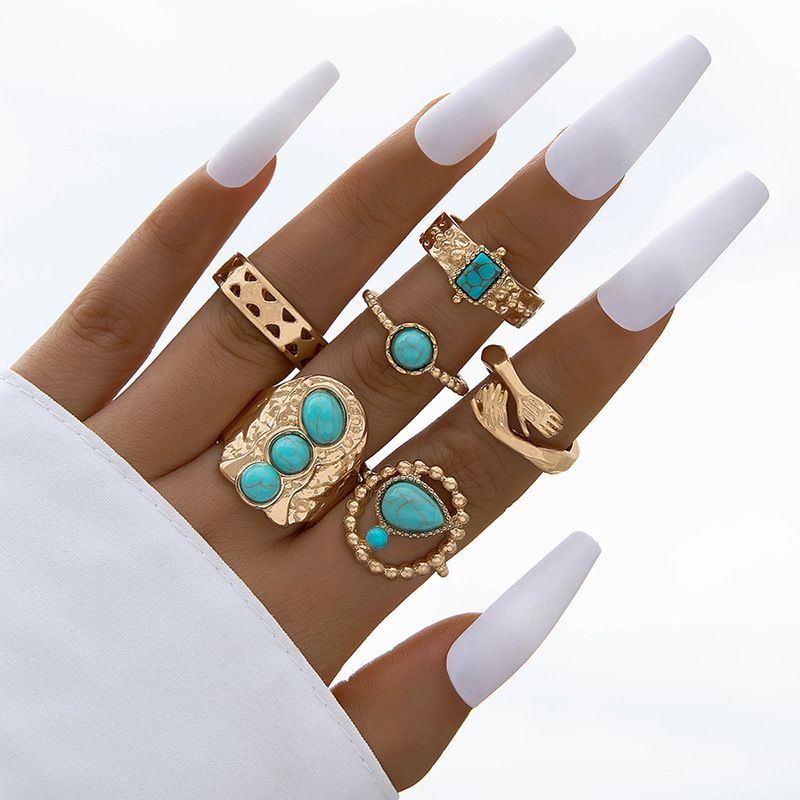 Fashion Gold Alloy Imitation Turquoise Irregular Ring Set