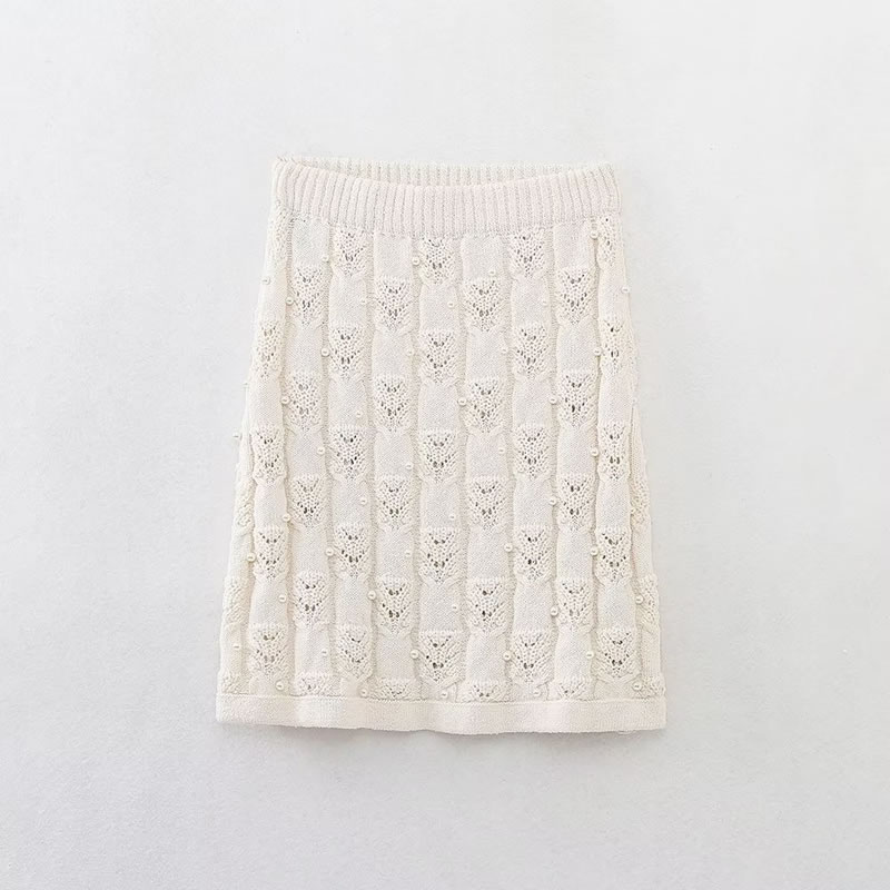 Fashion White Pearl-embellished Knitted Skirt
