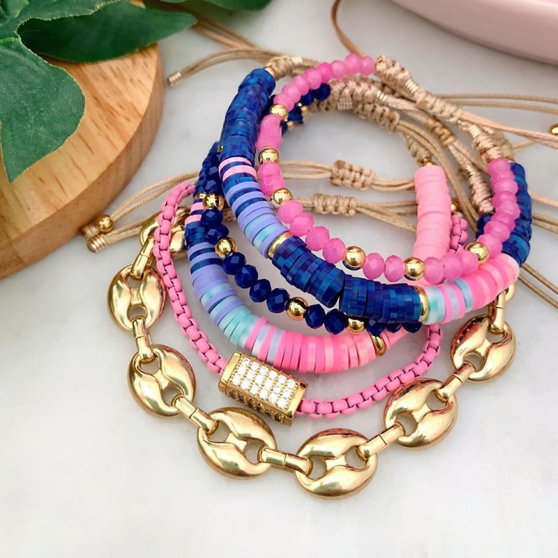 Fashion Set Multicolored Clay Crystal Beaded Pig Nose Chain Bracelet Set