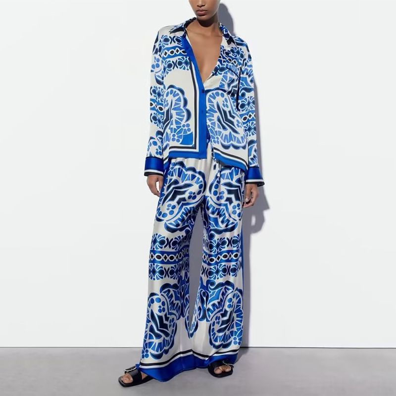 Fashion Blue Polyester Printed Button Cardigan Wide-leg Trousers Set