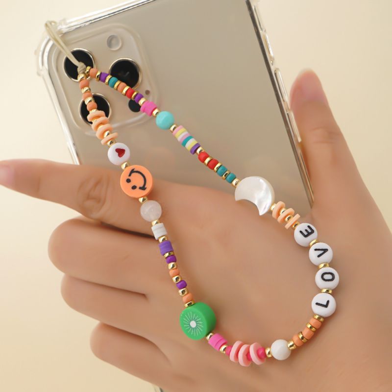 Fashion 3# Geometric Beaded Moon Alphabet Beads Smile Face Phone Chain In Clay