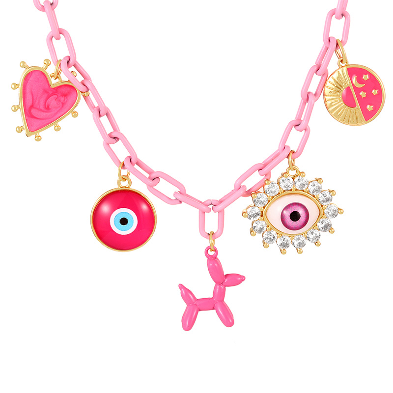 Fashion Pink Copper Paved Zircon Oil Drip Eye Balloon Dog Pendant Chunky Chain Necklace