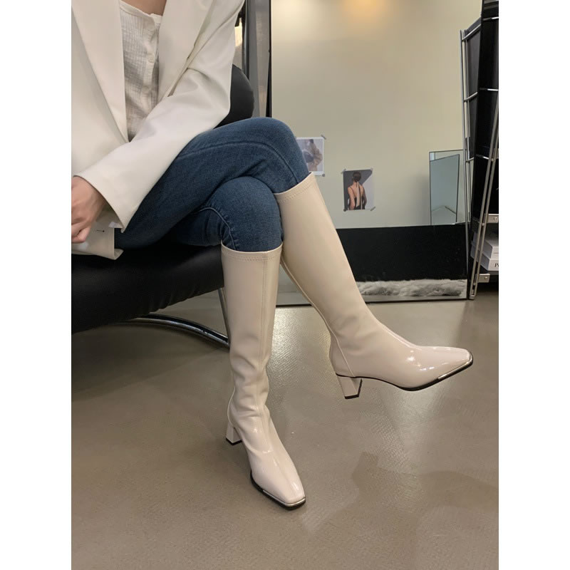 Fashion Apricot Long Section Metal Square Toe Block Heel Ankle Boots