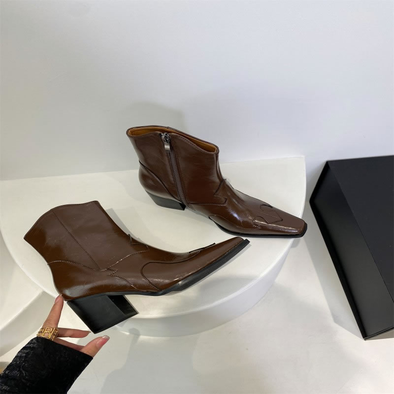 Fashion Brown Chunky Side Zip Square Toe Ankle Boots