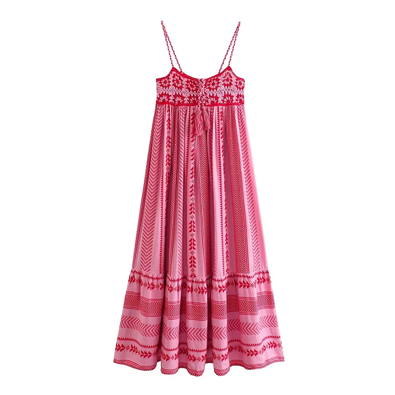 Fashion Rose Red Crochet-panel-knit Strappy Print Dress