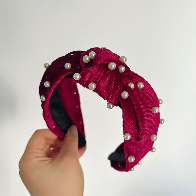 Fashion Red Knotted Pearl Headband Velvet Beaded Knotted Wide-brimmed Headband