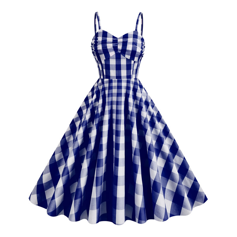 Fashion Dark Blue Big White Grid Cotton Check Waist Swing Sling Dress